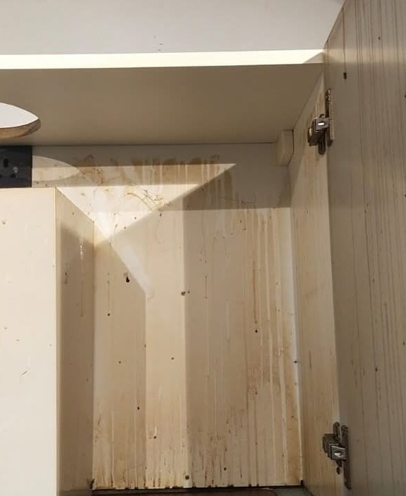Cabinet interior, oil runs removed — before cleaning