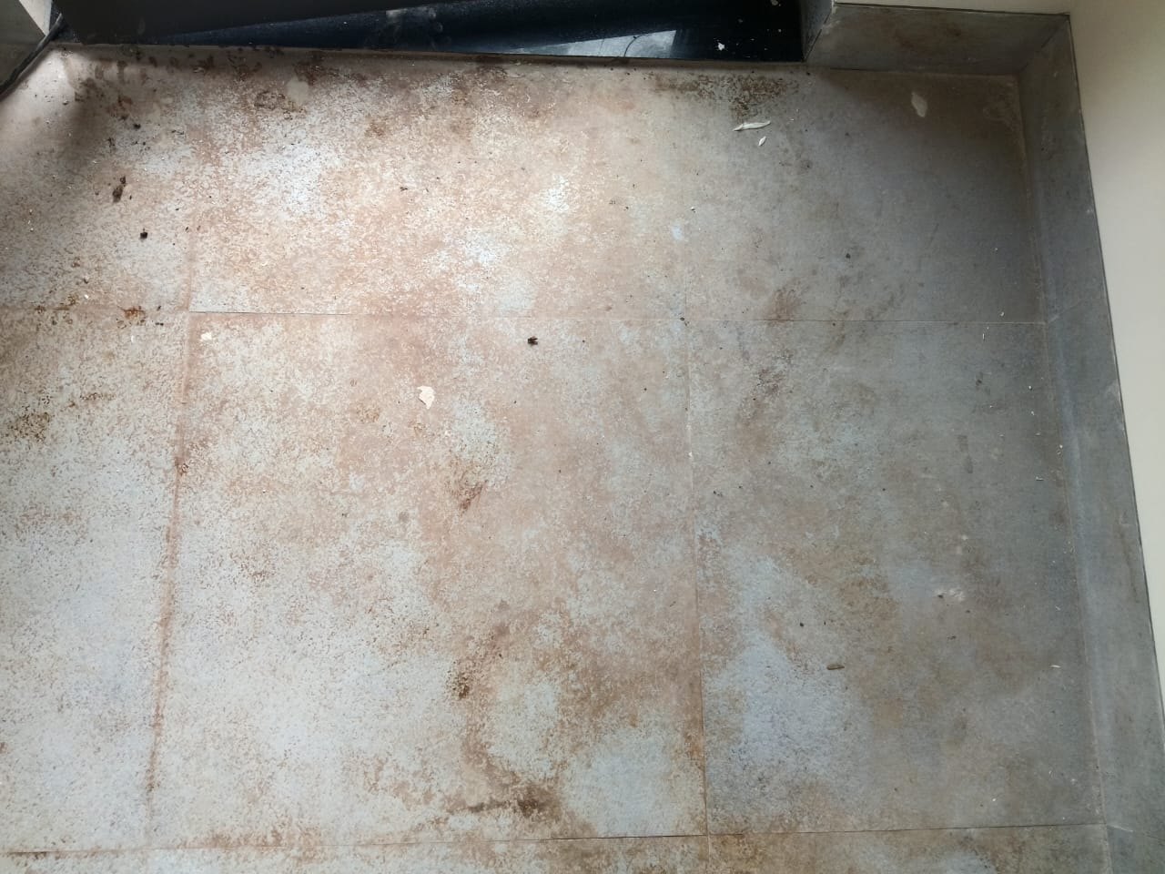 Tile floor, cement staining lifted — before cleaning