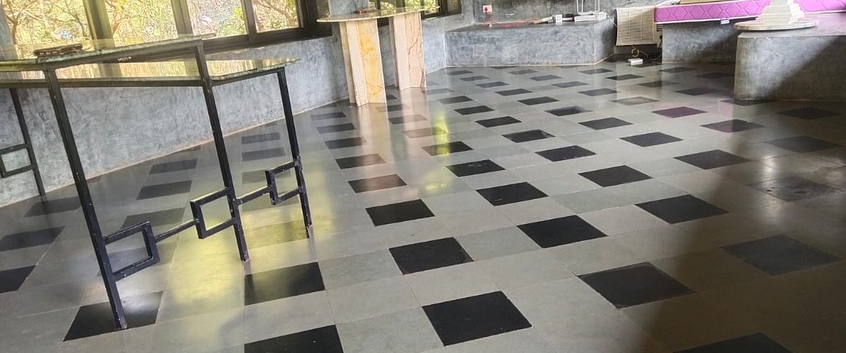 Chequerboard hall, wax finish — before cleaning