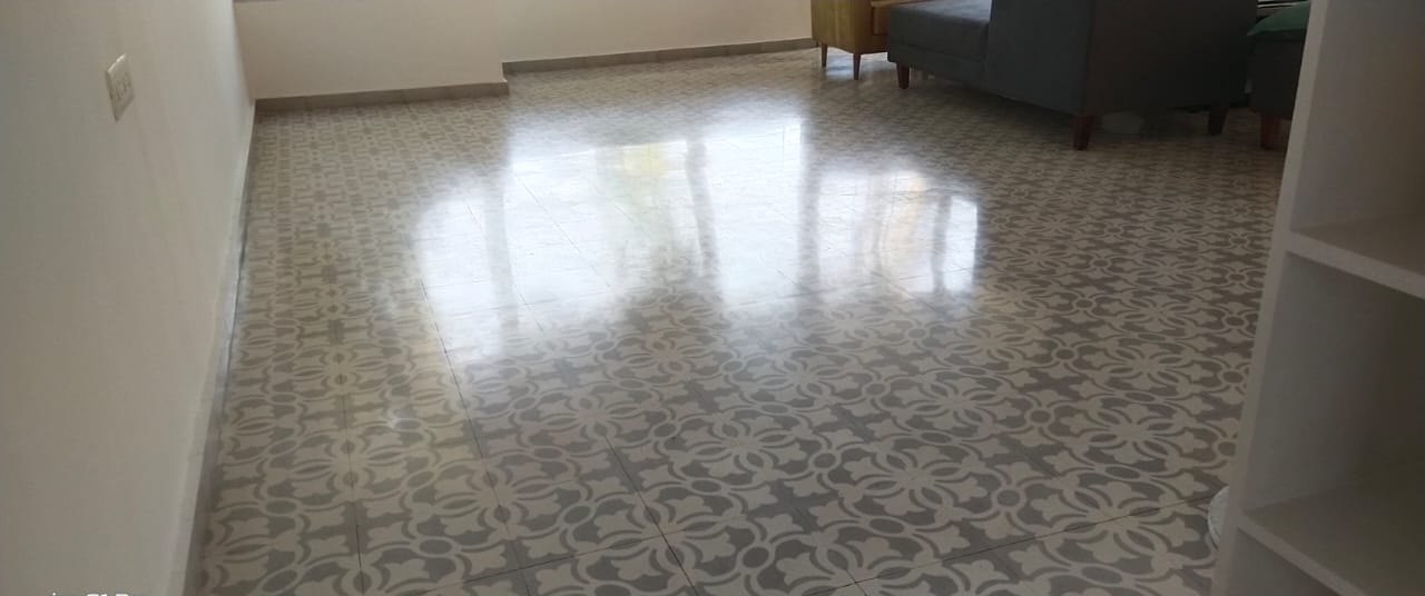 Patterned cement tiles, polished back — before cleaning