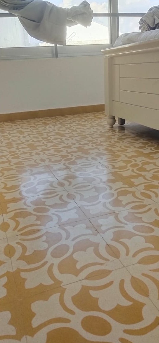 Mosaic floor, gloss restored — before cleaning